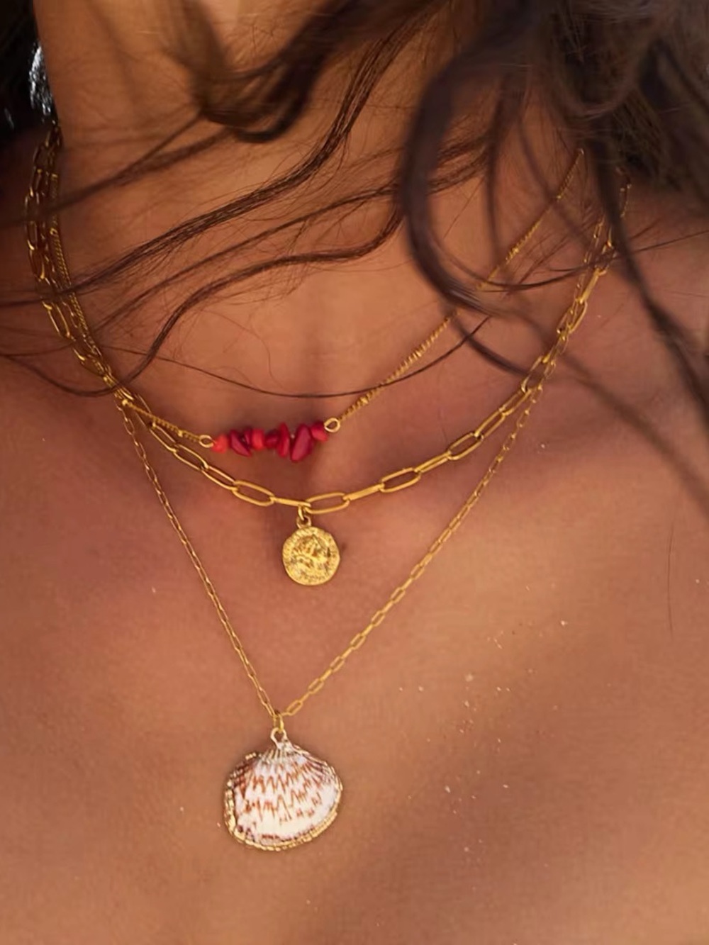 18K Gold Plated Layered Shell & Red Bead Necklace